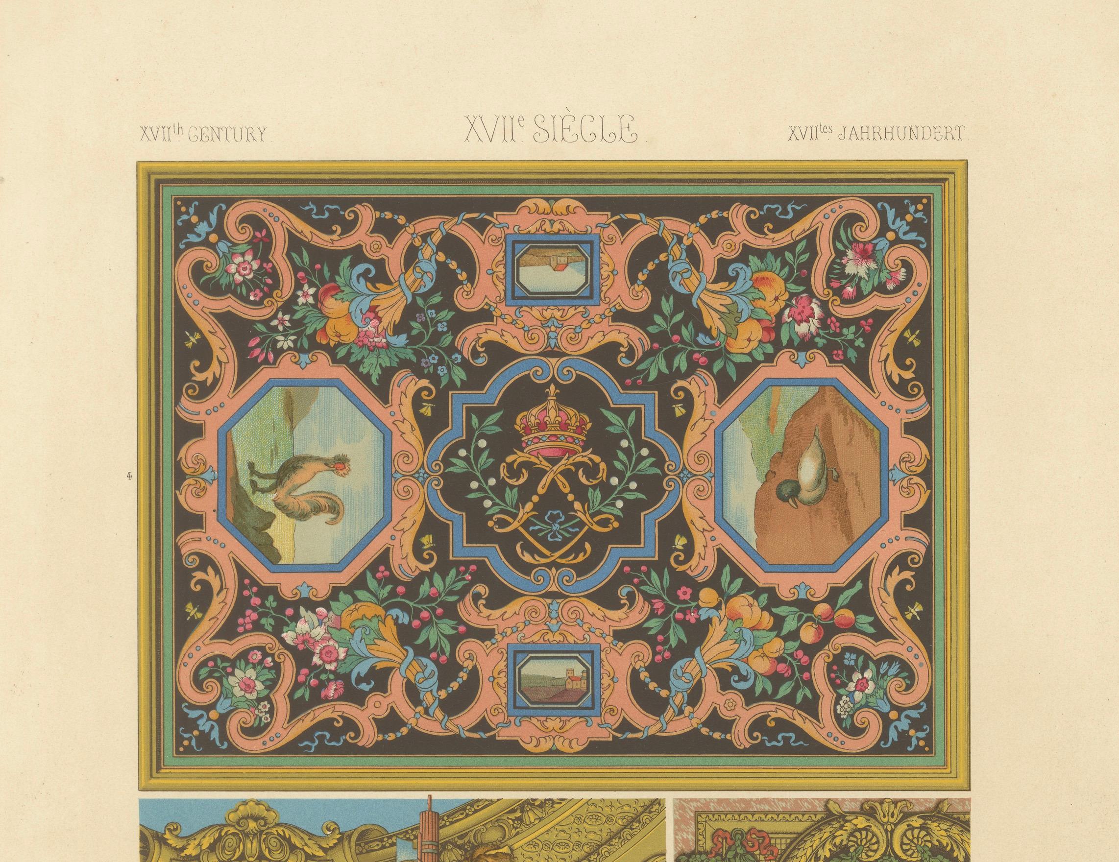 Motifs de plafonds et de panneaux décoratifs du 17e siècle - Design baroque français, planche LXXXI

Cette chromolithographie richement ornée, planche LXXXI de *L'Ornement Polychrome*, présente une variété exquise de plafonds et de murs français du