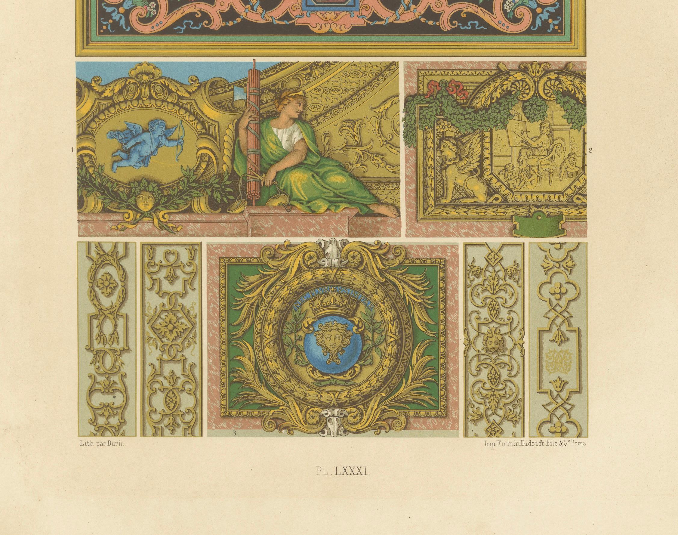 Français Motifs décoratifs de plafond et de panneau du 17e siècle - Design baroque français, c.1869 en vente