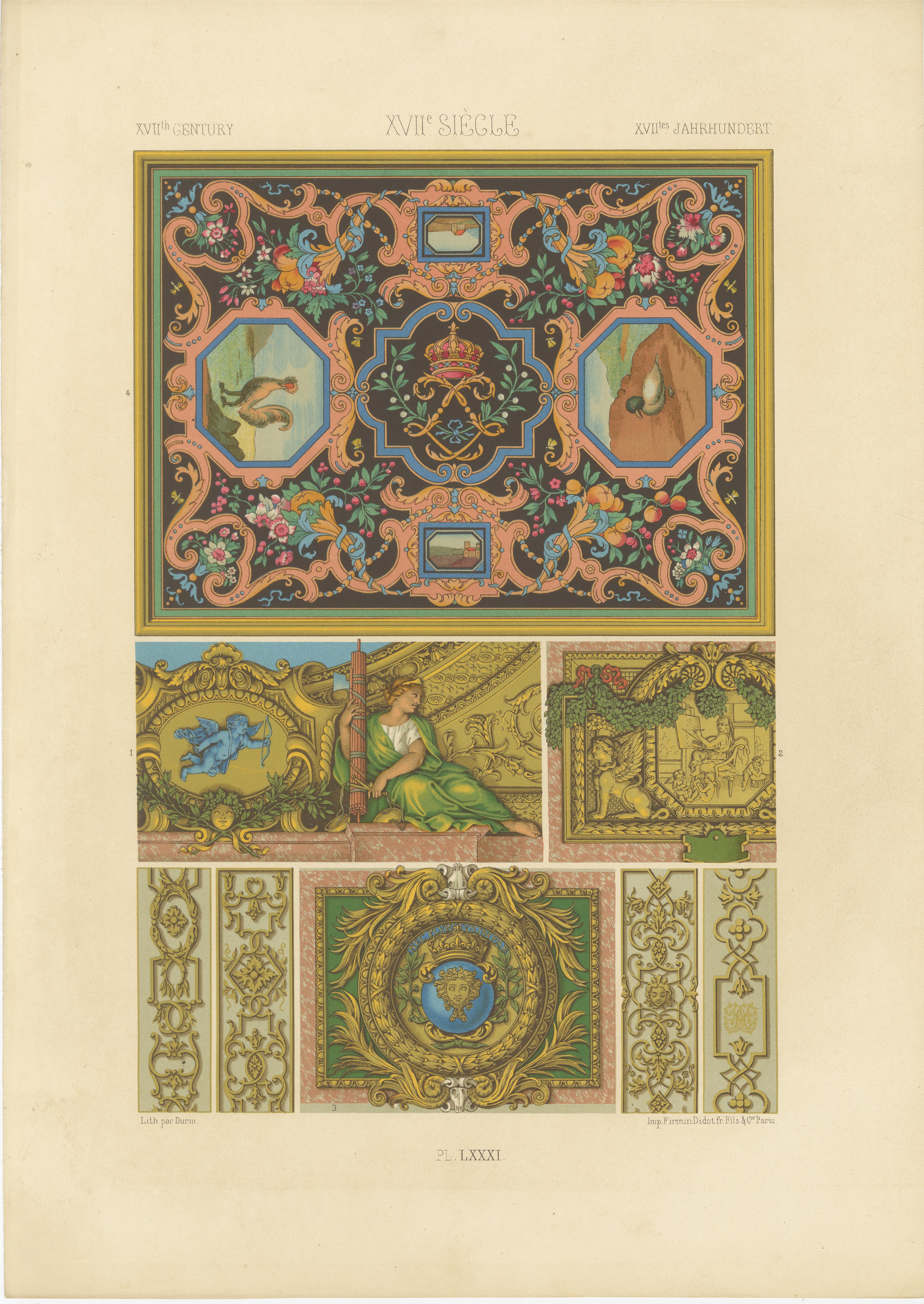 Motifs décoratifs de plafond et de panneau du 17e siècle - Design baroque français, c.1869 en vente