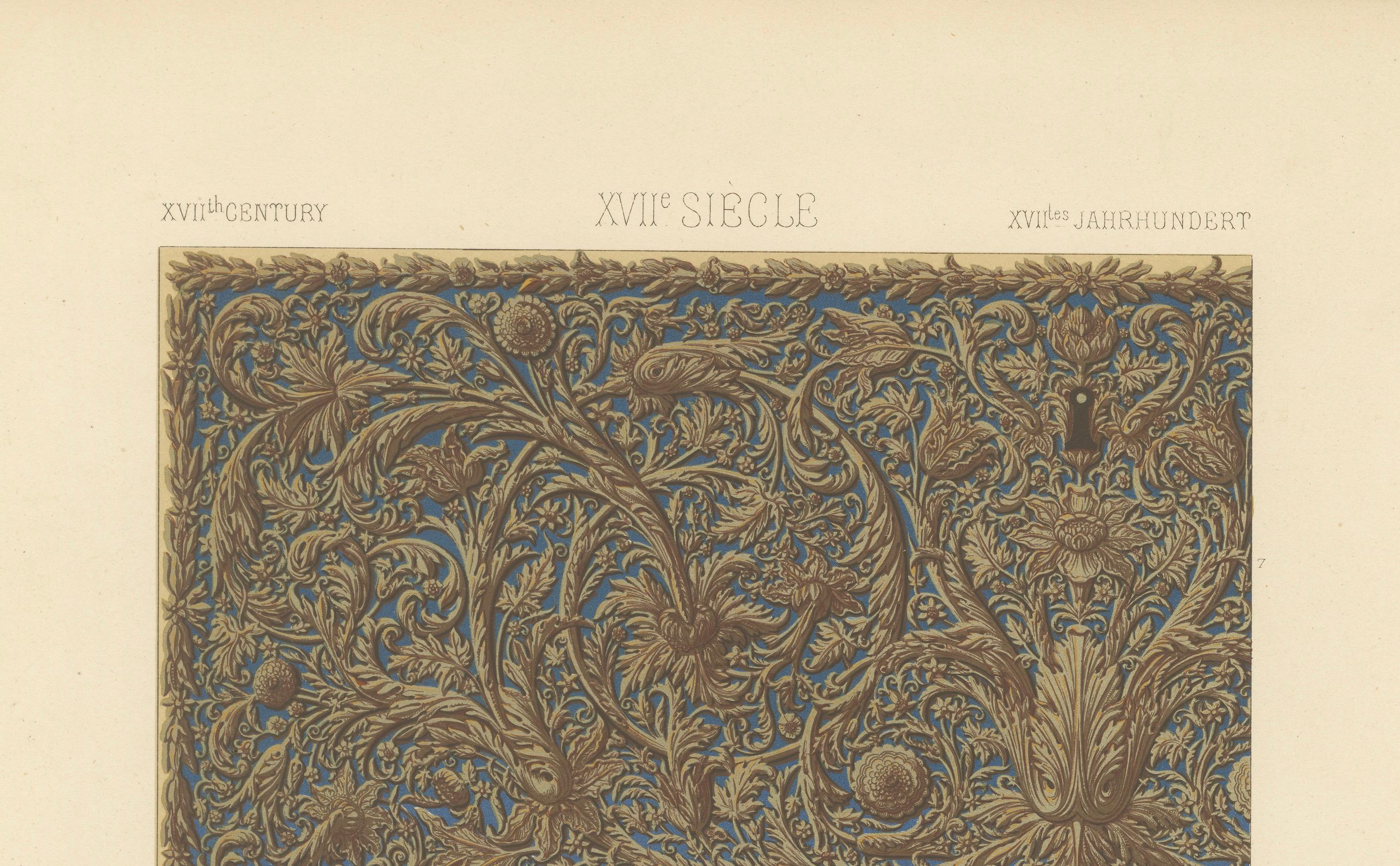 Motifs décoratifs du 17e siècle - Riche ornementation baroque de L'Ornement Polychrome, planche LXXIV

Cette étonnante chromolithographie, planche LXXIV de L'Ornement Polychrome d'Auguste Racinet, présente une sélection exquise de motifs décoratifs