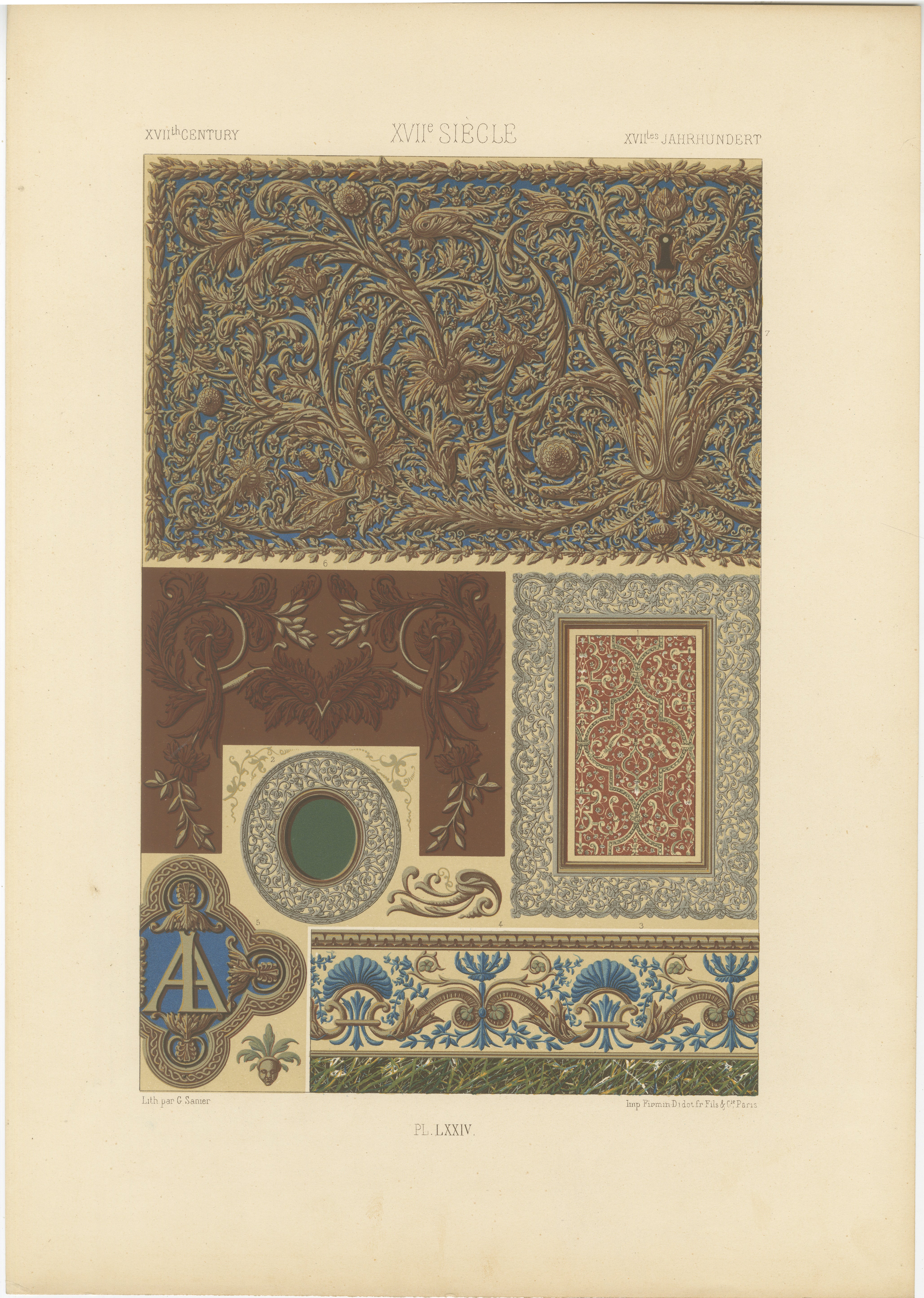 Motifs décoratifs du 17e siècle - Ornementation baroque, planche LXXIV, 1869 en vente