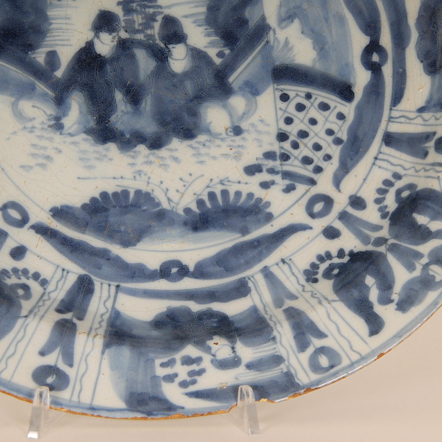 17th Century Delft plate Chinoiserie Chinese Ming Delftware Blue White Dish For Sale 3