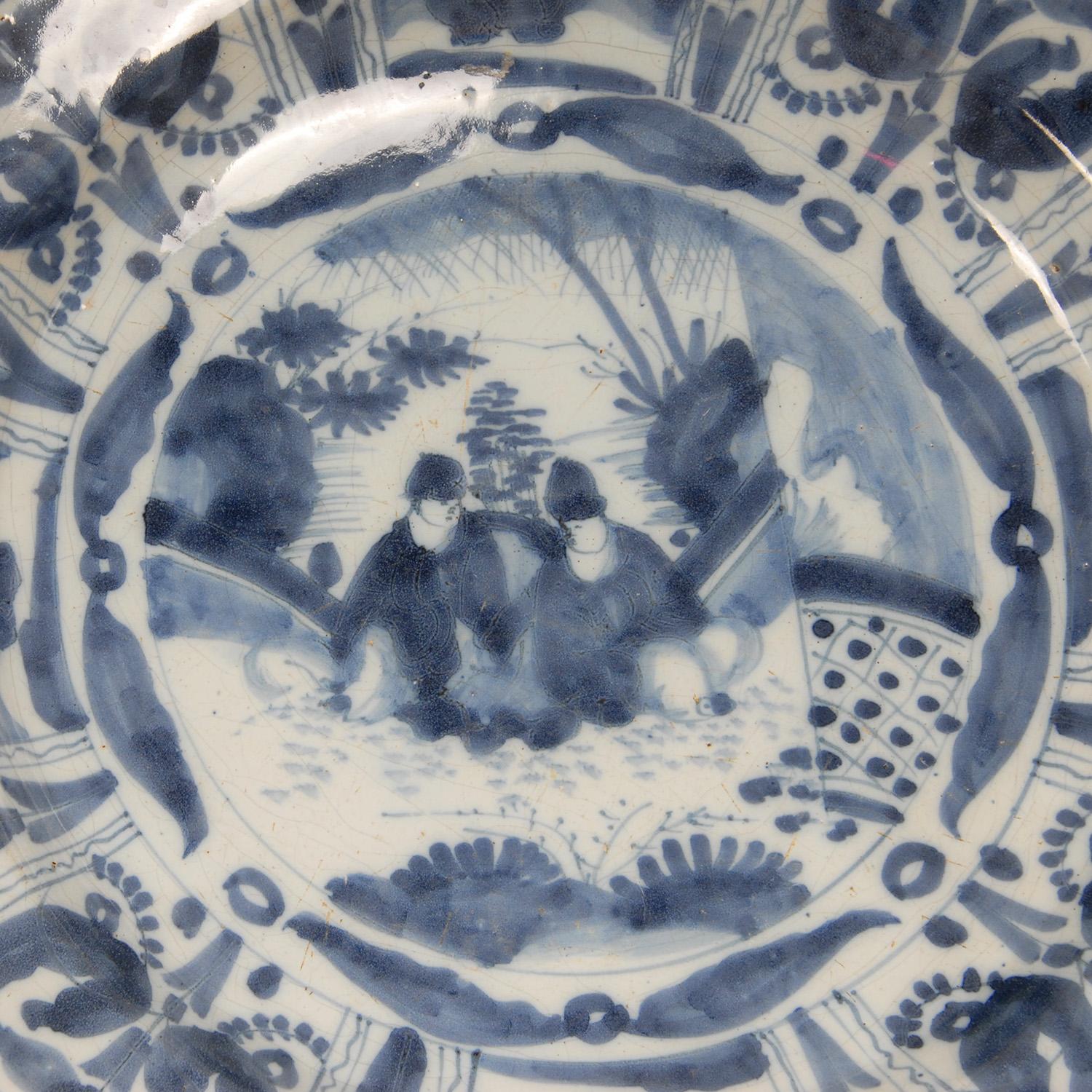 17th Century Delft plate Chinoiserie Chinese Ming Delftware Blue White Dish For Sale 4