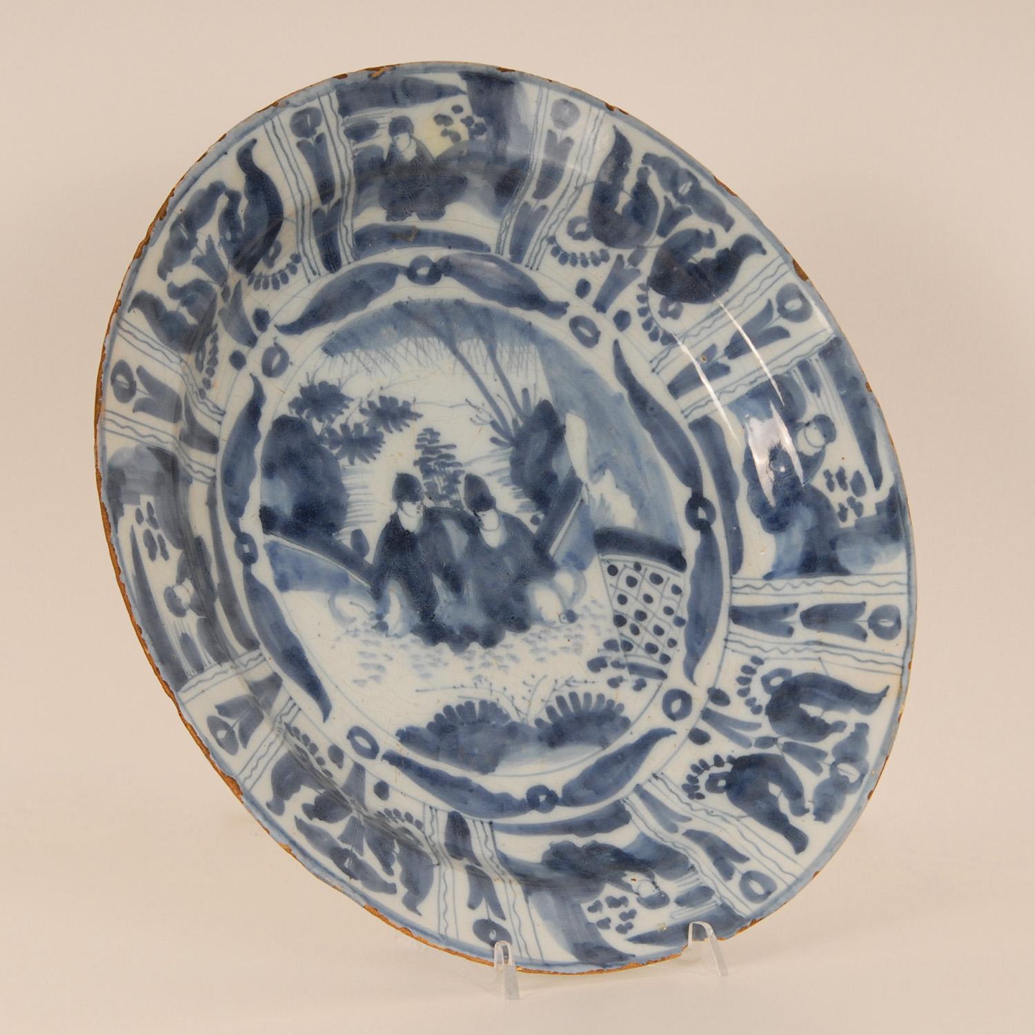 Fait main Plat en faïence de Delft bleu et blanc du 17ème siècle Chinoiserie chinoise Ming en vente