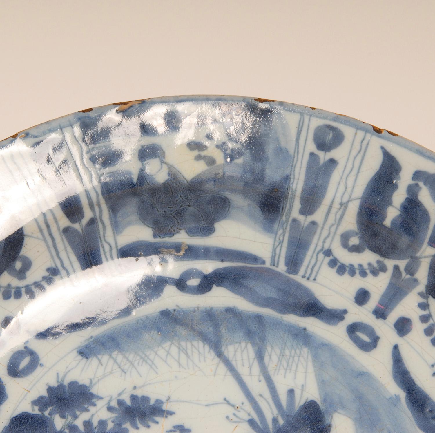 Earthenware 17th Century Delft plate Chinoiserie Chinese Ming Delftware Blue White Dish For Sale