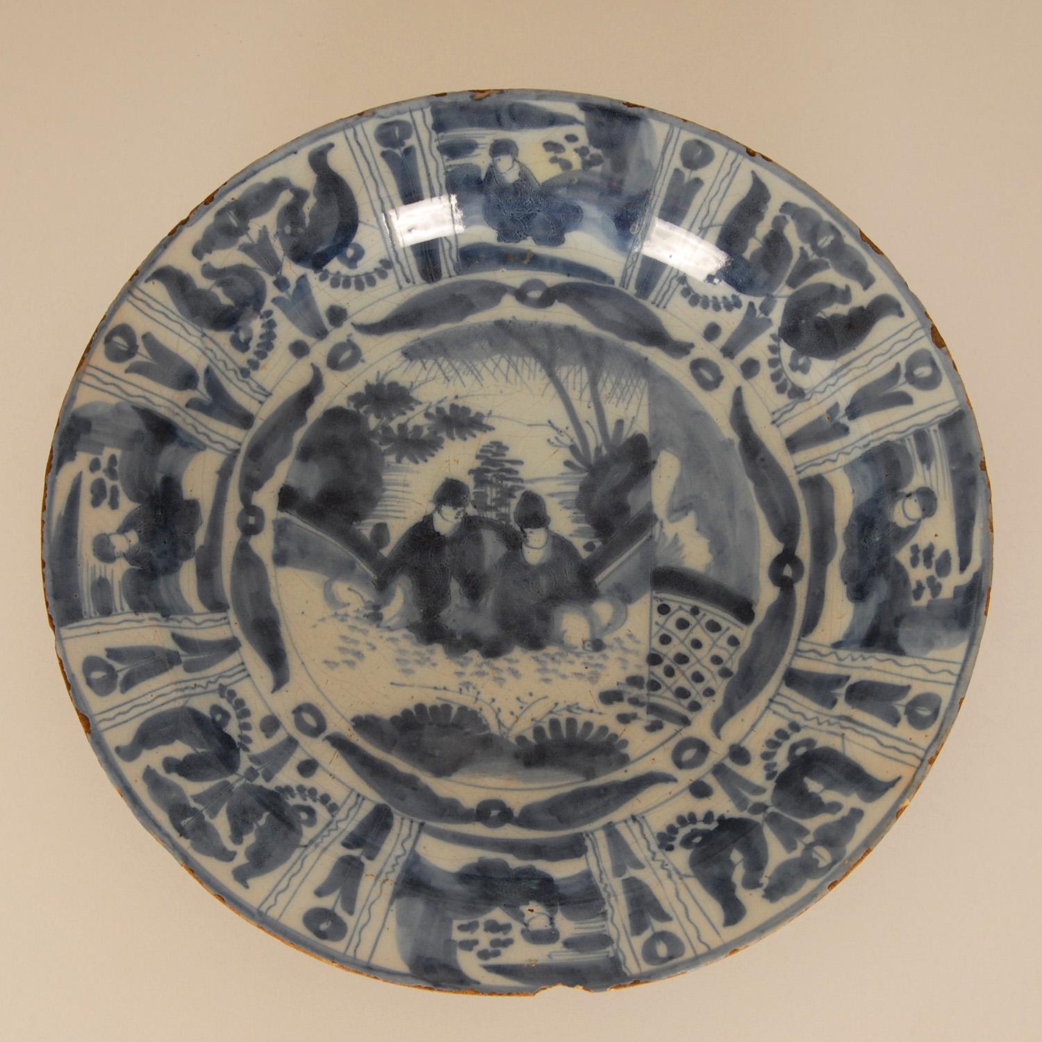 Poterie Plat en faïence de Delft bleu et blanc du 17ème siècle Chinoiserie chinoise Ming en vente