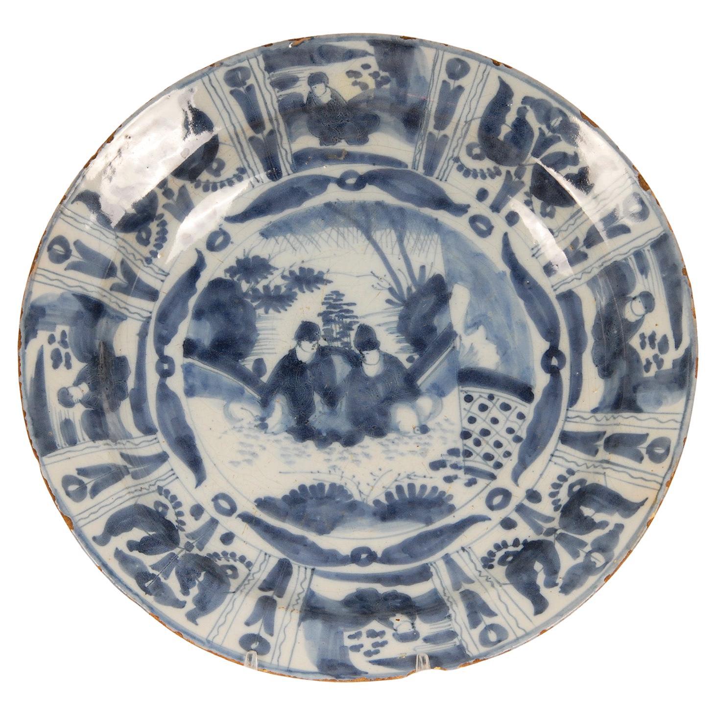 Plat en faïence de Delft bleu et blanc du 17ème siècle Chinoiserie chinoise Ming en vente
