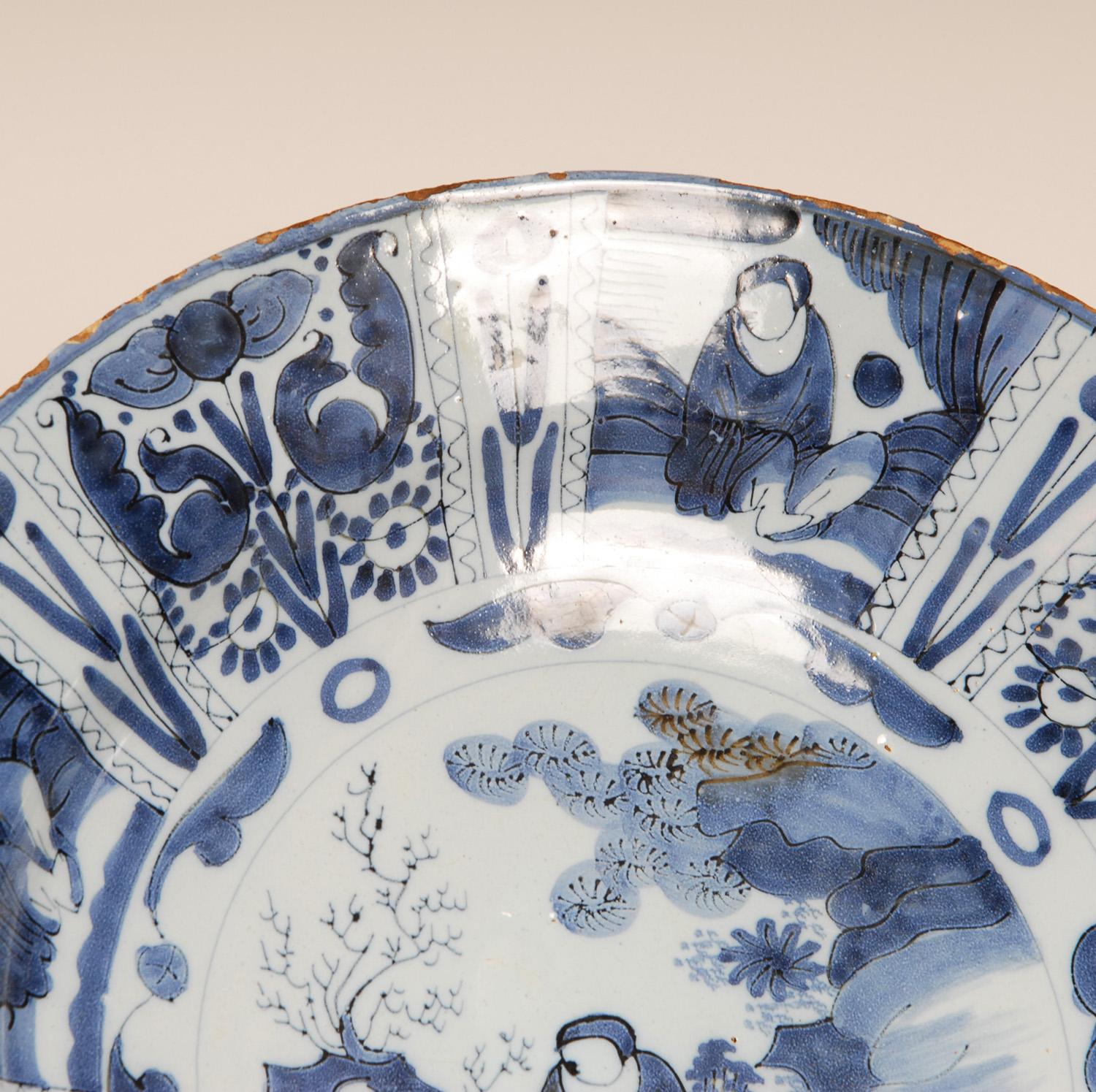17th Century Delft Plate Chinoiserie Wanli Style Blue and White Delftware Charge For Sale 2