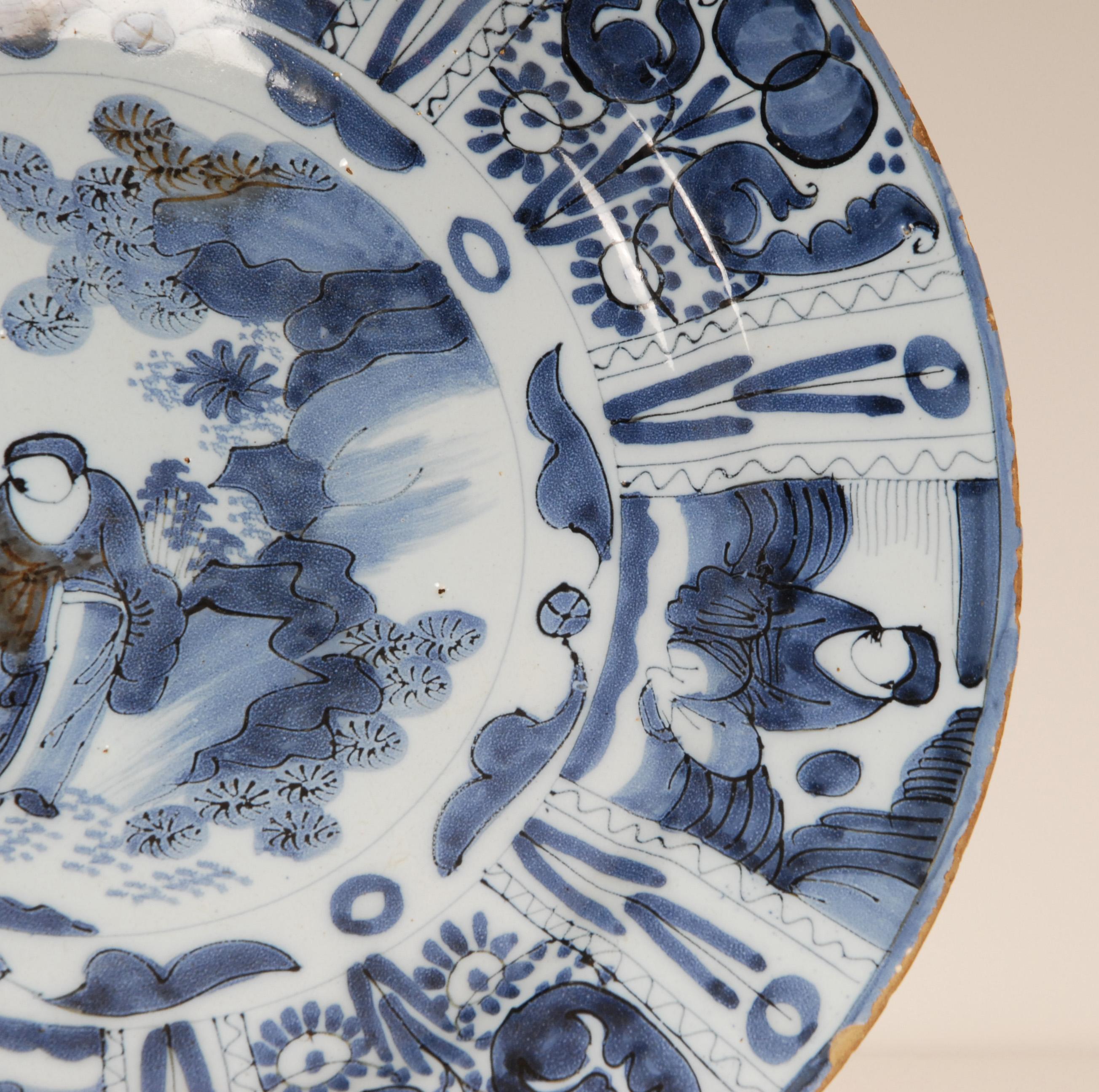 17th Century Delft Plate Chinoiserie Wanli Style Blue and White Delftware Charge For Sale 3