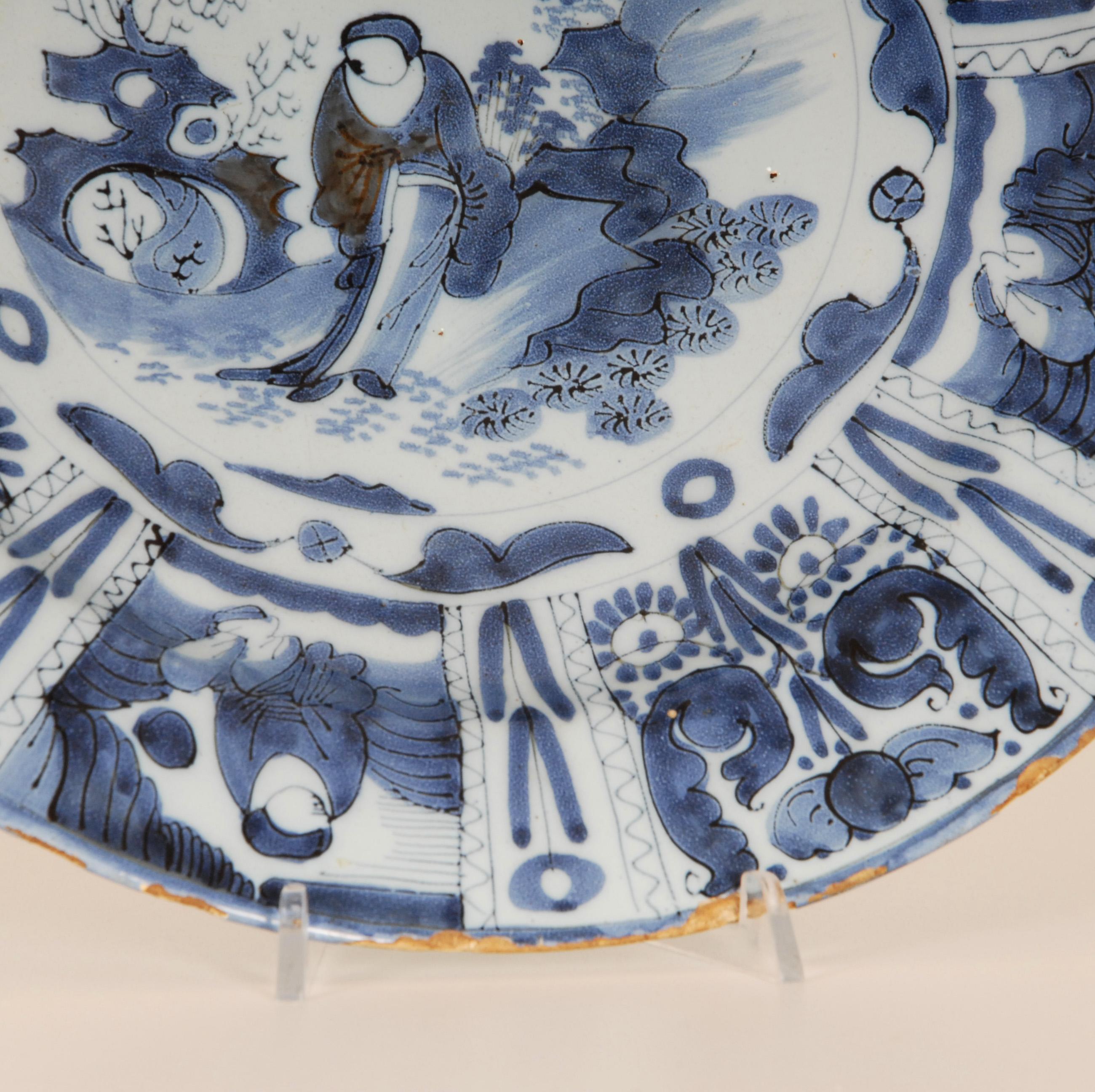 17th Century Delft Plate Chinoiserie Wanli Style Blue and White Delftware Charge For Sale 4