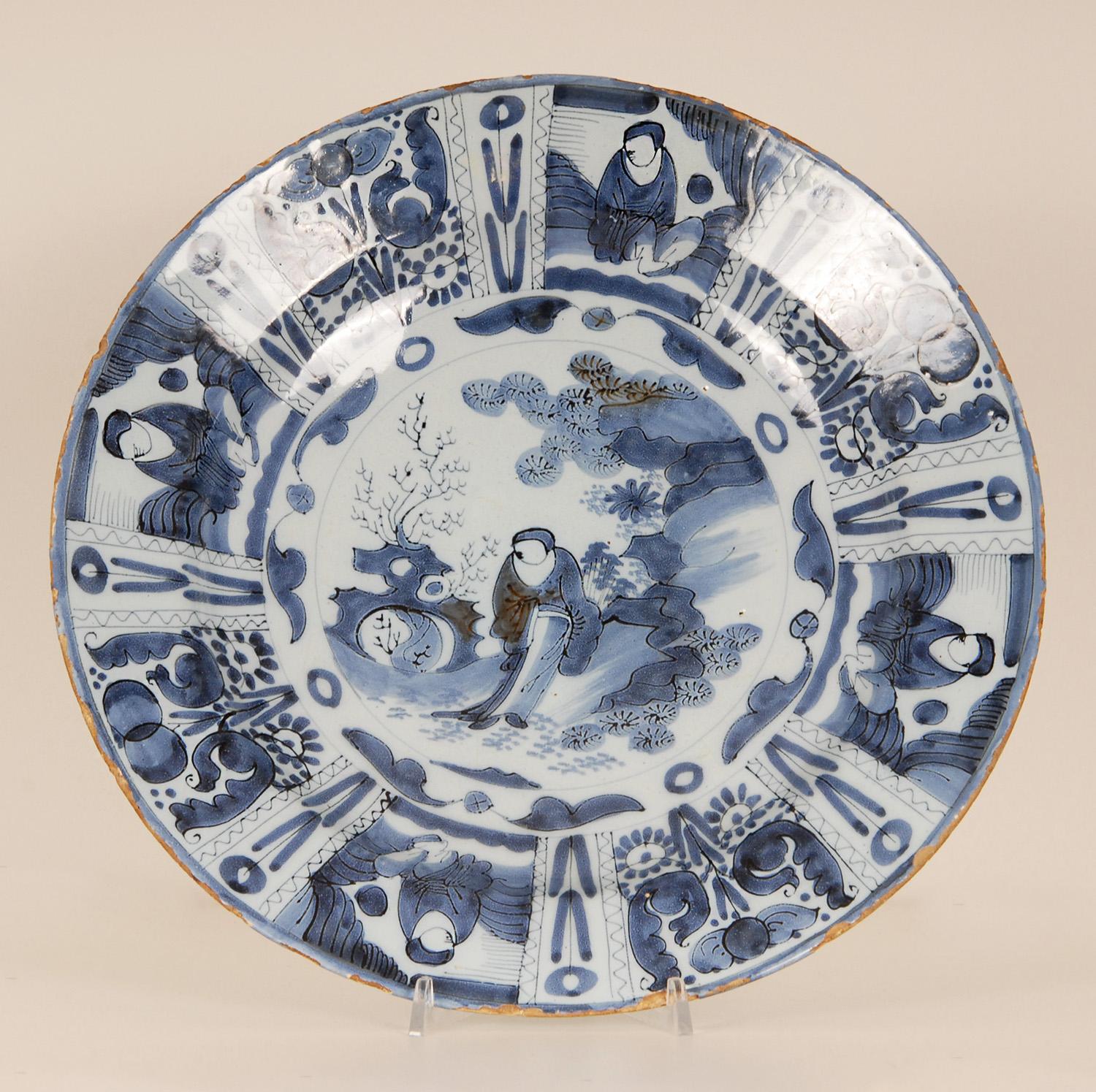 Baroque 17th Century Delft Plate Chinoiserie Wanli Style Blue and White Delftware Charge For Sale