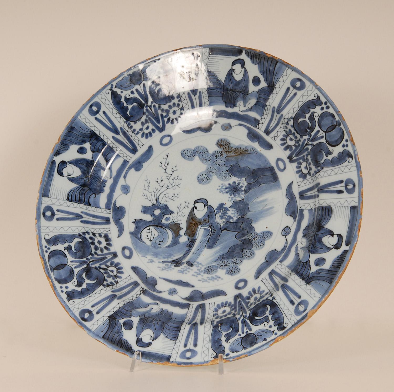 Dutch 17th Century Delft Plate Chinoiserie Wanli Style Blue and White Delftware Charge For Sale