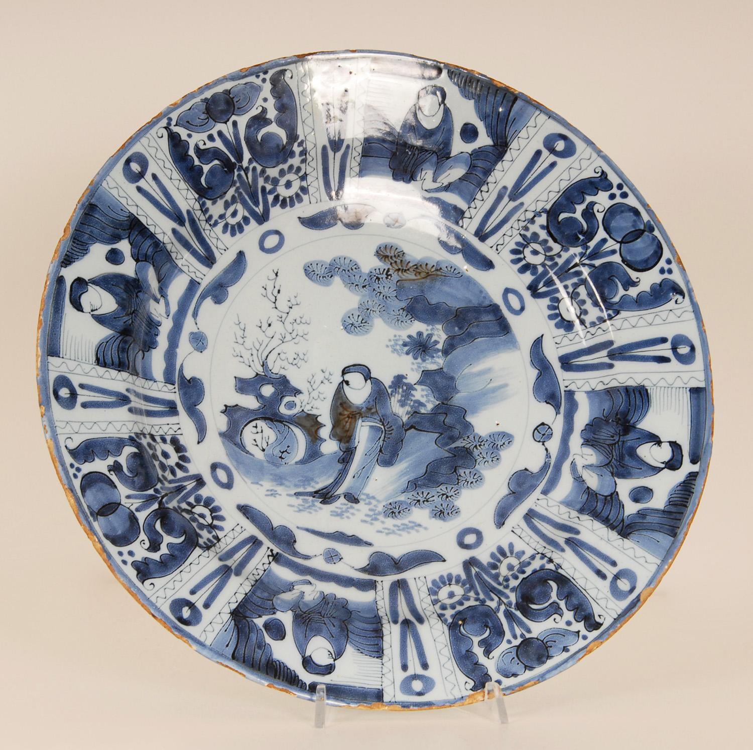 17th Century Delft Plate Chinoiserie Wanli Style Blue and White Delftware Charge For Sale 1