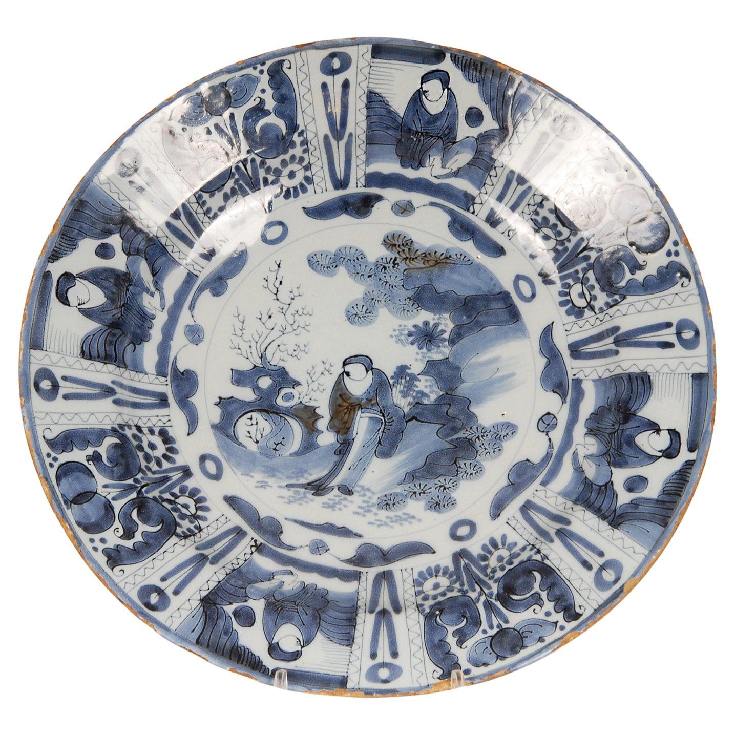 17th Century Delft Plate Chinoiserie Wanli Style Blue and White Delftware Charge For Sale