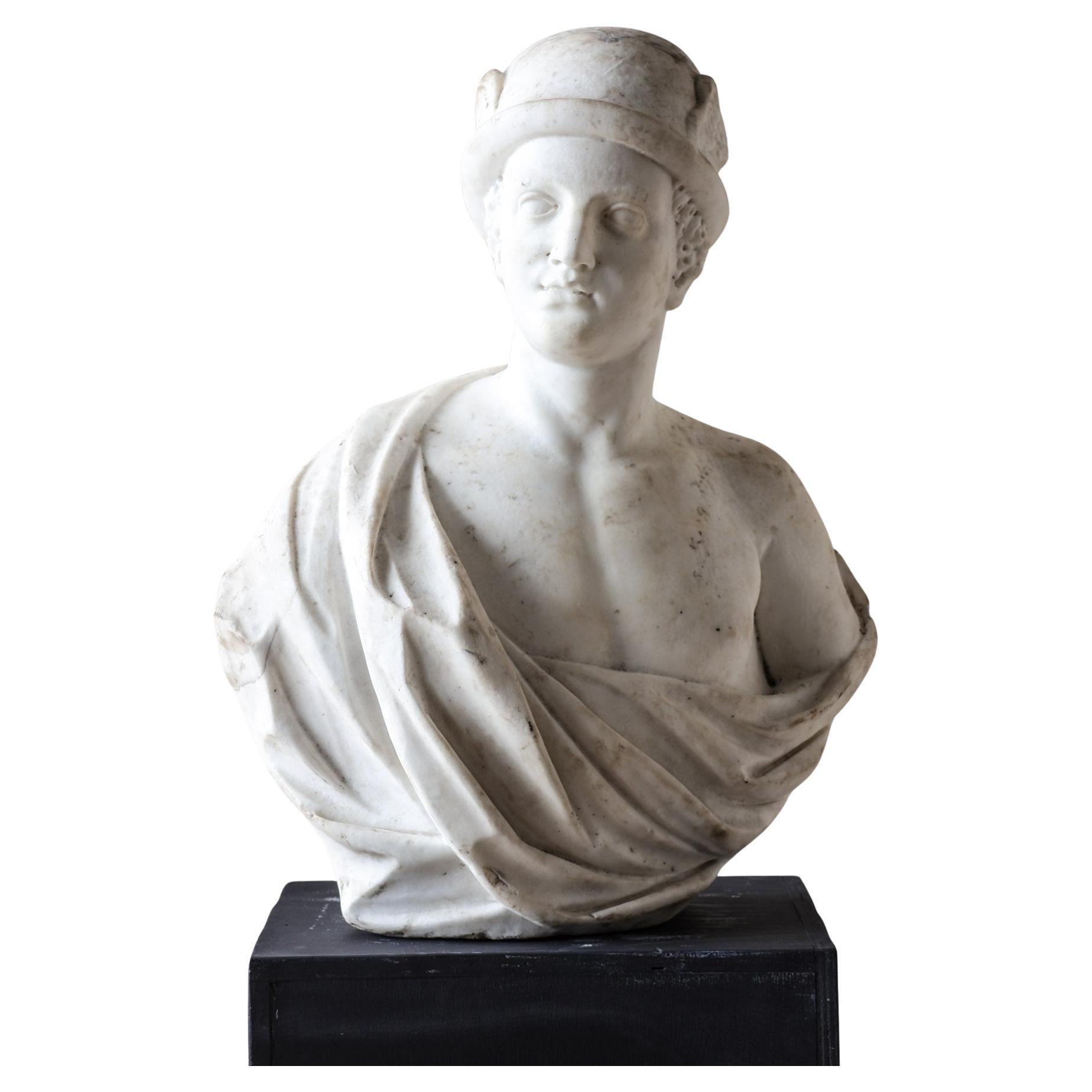 Busto di Mercurio olandese del XVII secolo in marmo bianco di Carrara