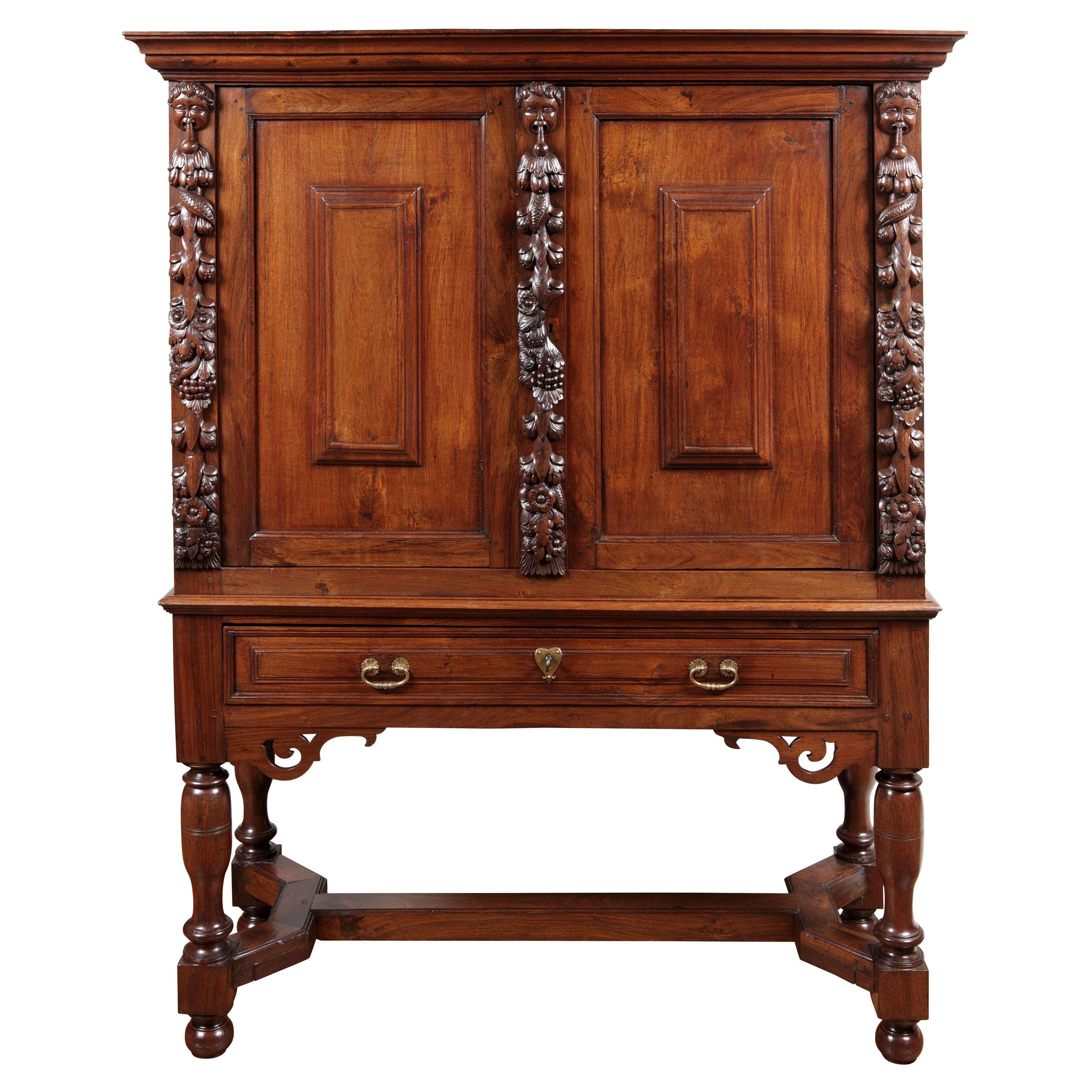 17th Century Dutch-Colonial Indonesian Sono Keeling Foliate Cabinet on Stand For Sale