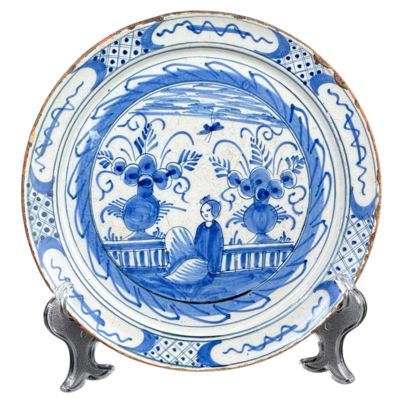 17th Century Dutch Delft Blue & White Plate, Hand Painted Chinoiserie, 9in