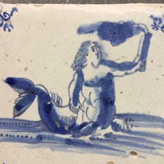 Carreau de mer hollandais du 17e siècle de Delft avec décoration d'une sirène