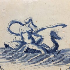 17th Century Dutch Delft Sea Creature Tile with Neptune Riding a Dolphin