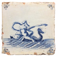 17th Century Dutch Delft Sea Creature Tile with Neptune Riding a Dolphin
