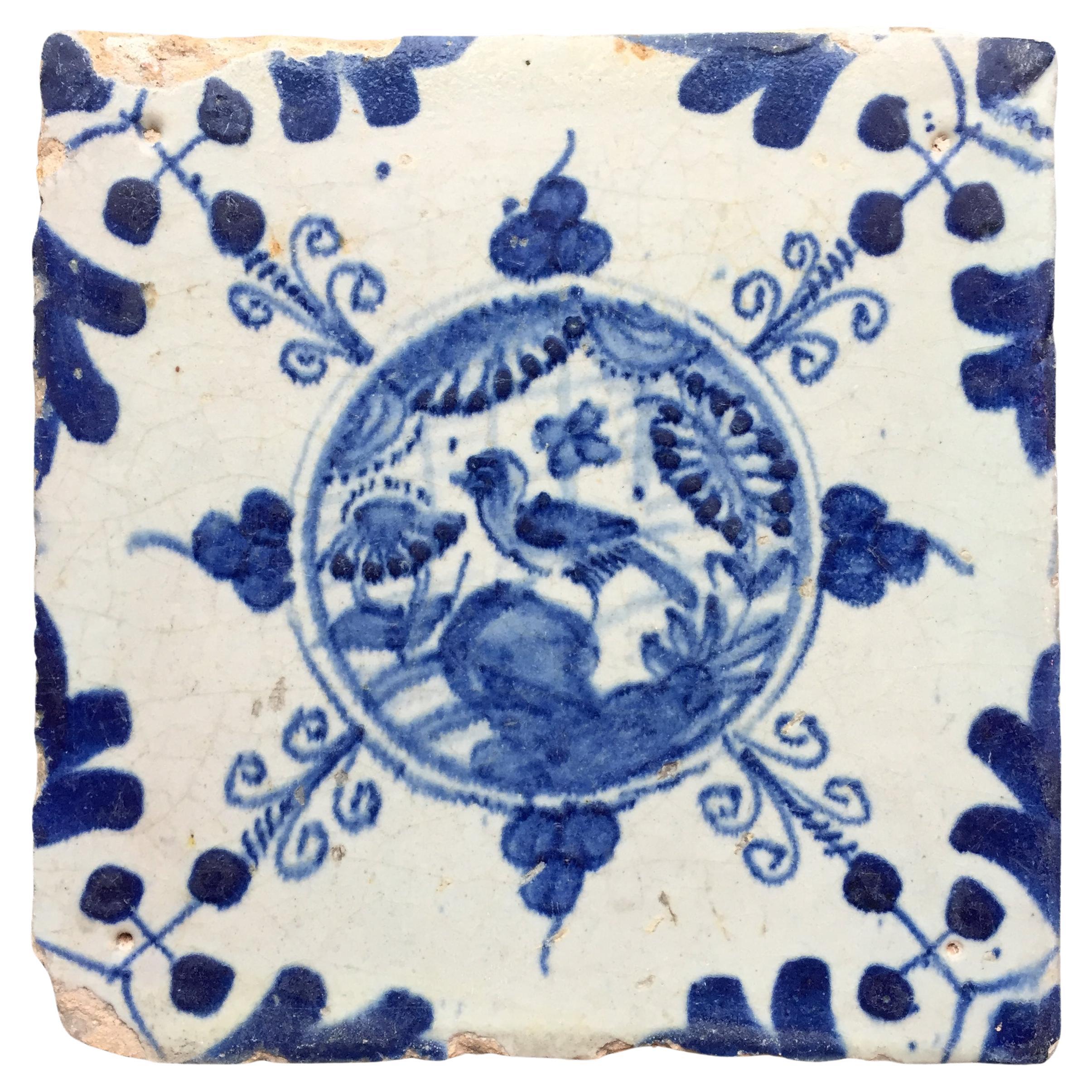 17th Century Dutch Delft Tile in Chinese Wanli Style with bird For Sale