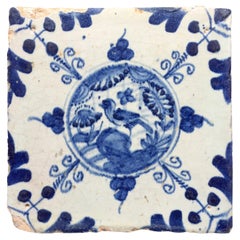 Vintage 17th Century Dutch Delft Tile in Chinese Wanli Style with bird