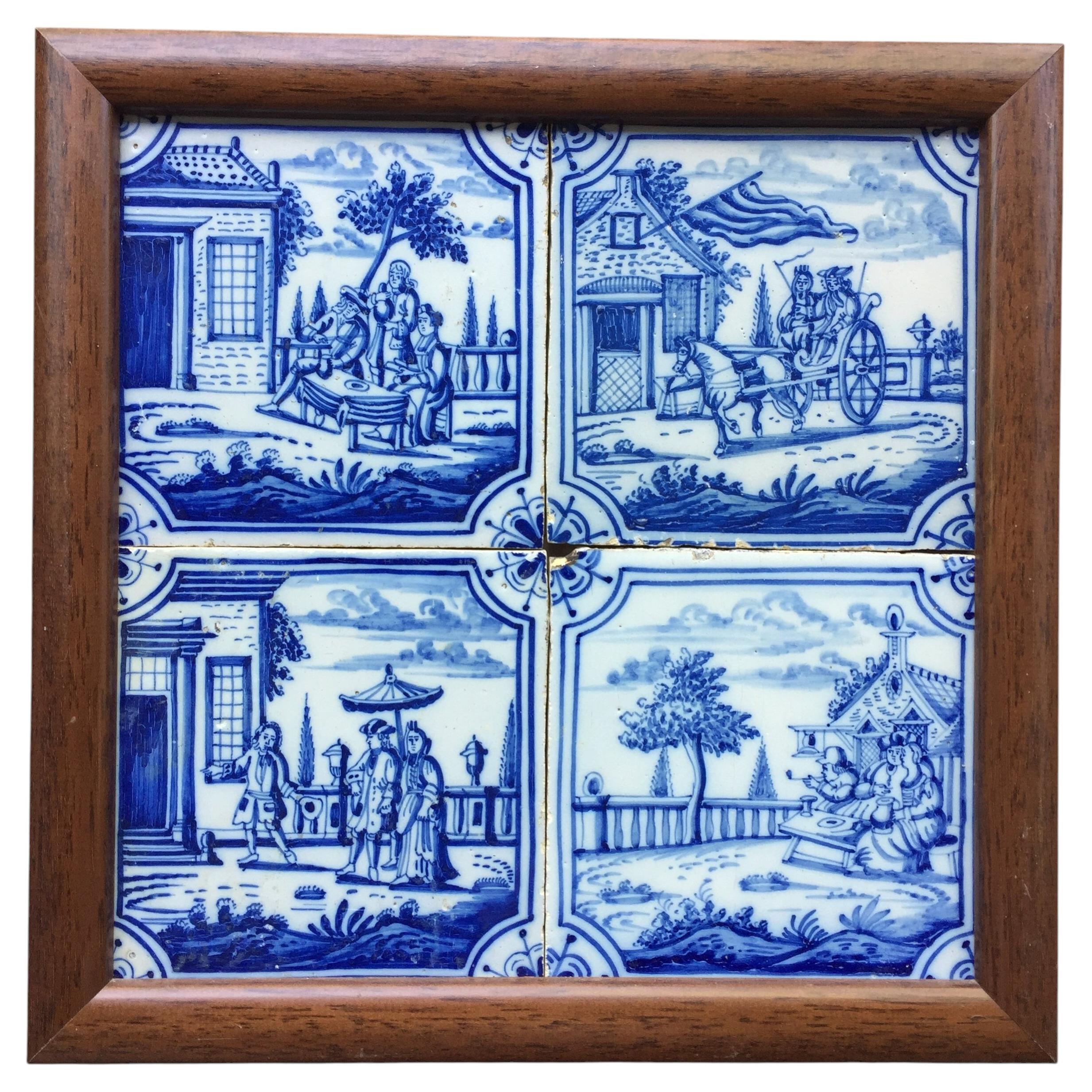 Panneau de carreaux de Delft hollandais du 17e siècle avec figures dans des paysages en vente