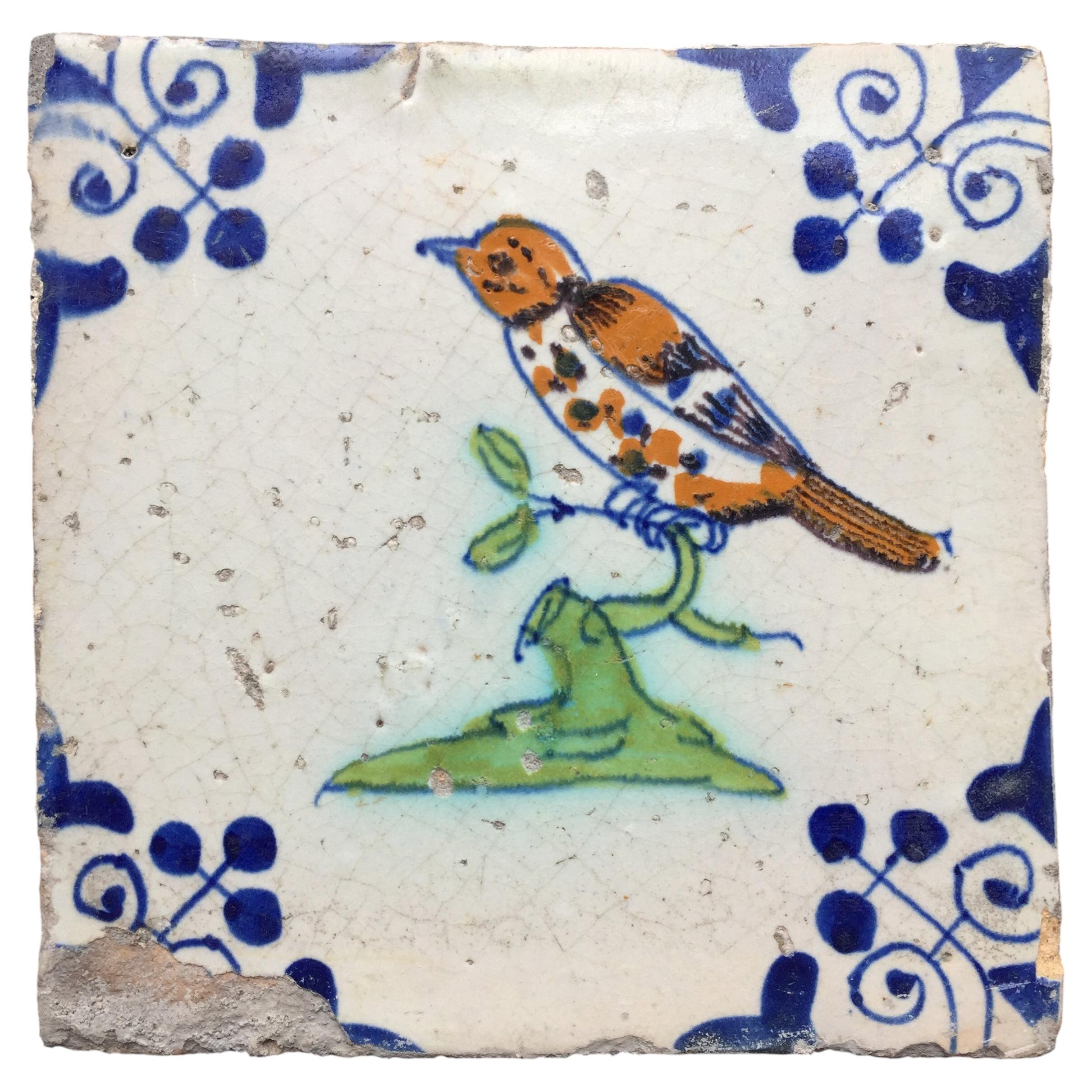17th Century Dutch Delft Tile with Decoration of a Bird