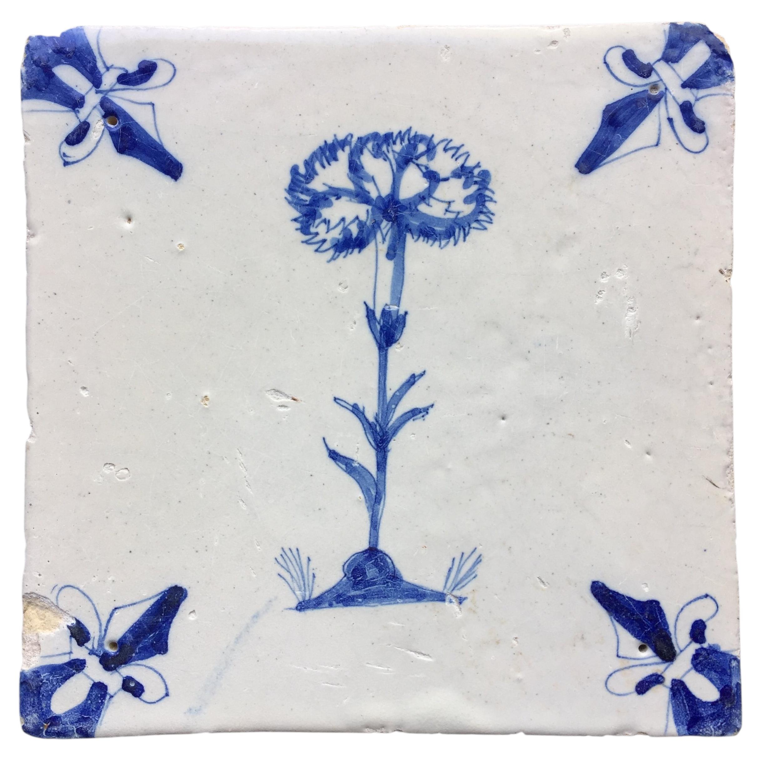 17th Century Dutch Delft Tile with Decoration of a Carnation Flower