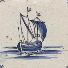 17th Century Dutch Delft Tile with Decoration of a Dutch Fishing Boat