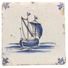 17th Century Dutch Delft Tile with Decoration of a Dutch Fishing Boat