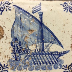 17th Century Dutch Delft Tile with Decoration of a Dutch Galley