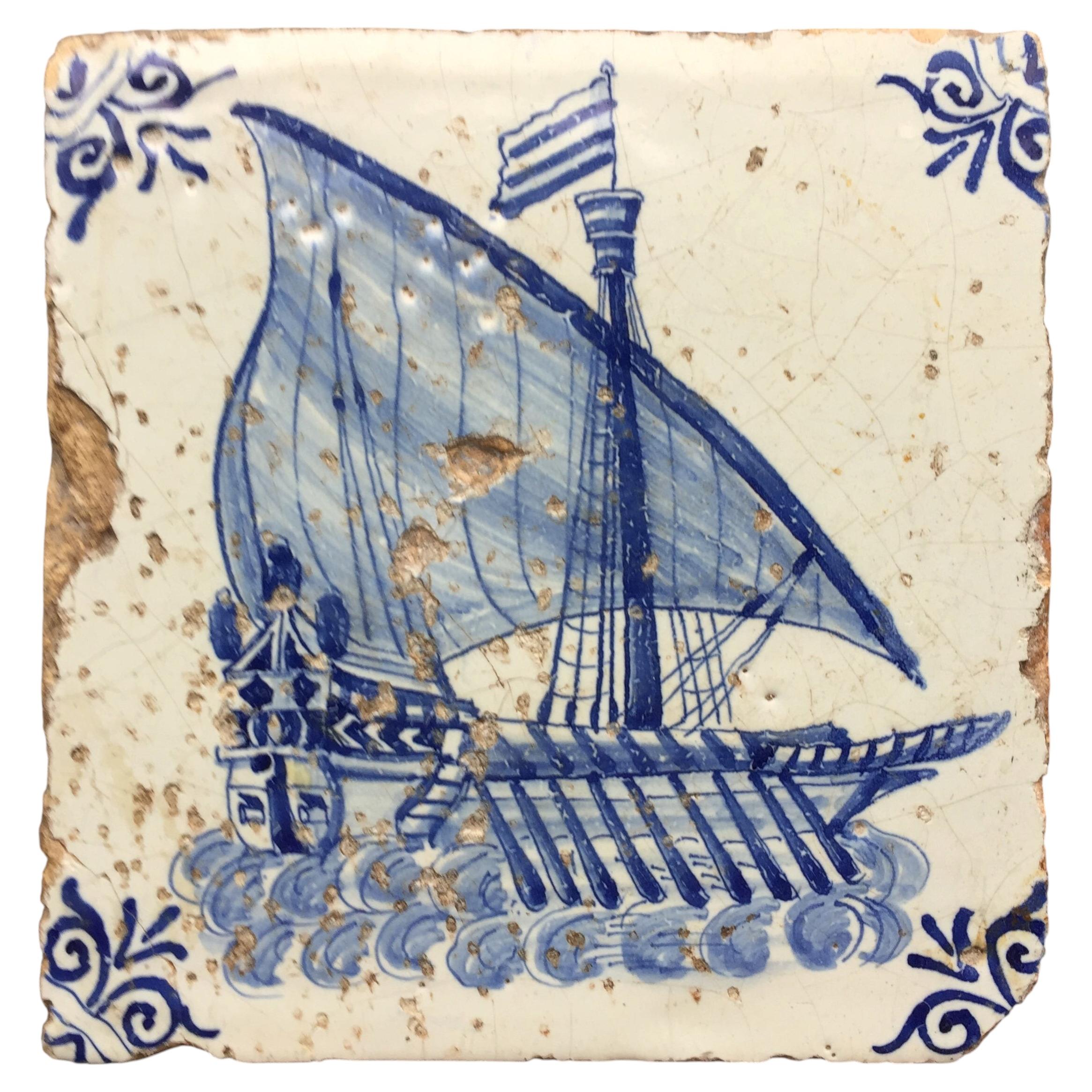 17th Century Dutch Delft Tile with Decoration of a Dutch Galley
