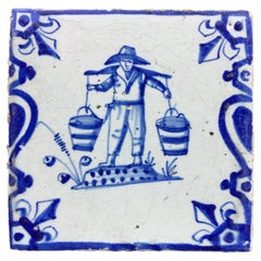 17th Century Dutch Delft Tile with Decoration of a Dutch Milkman