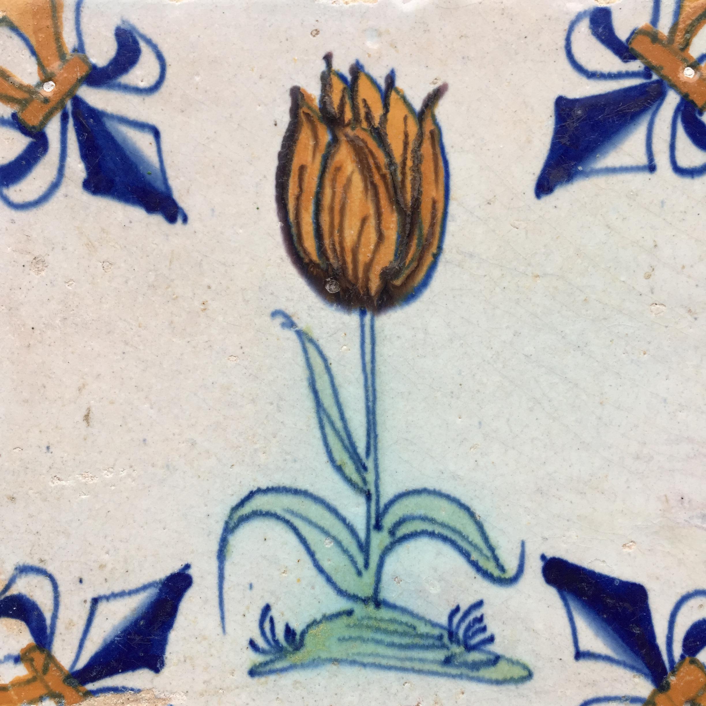 The Netherlands
Circa 1620 – 1640

A polychrome Dutch tile with the decoration of an orange flamed tulip.
This tile with a very large tulip was painted during the Tulipmania when tulips were as expensive as a canal building and were a sign of wealth