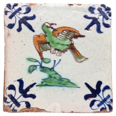 17th Century Dutch Delft Tile with Decoration of a flying Bird