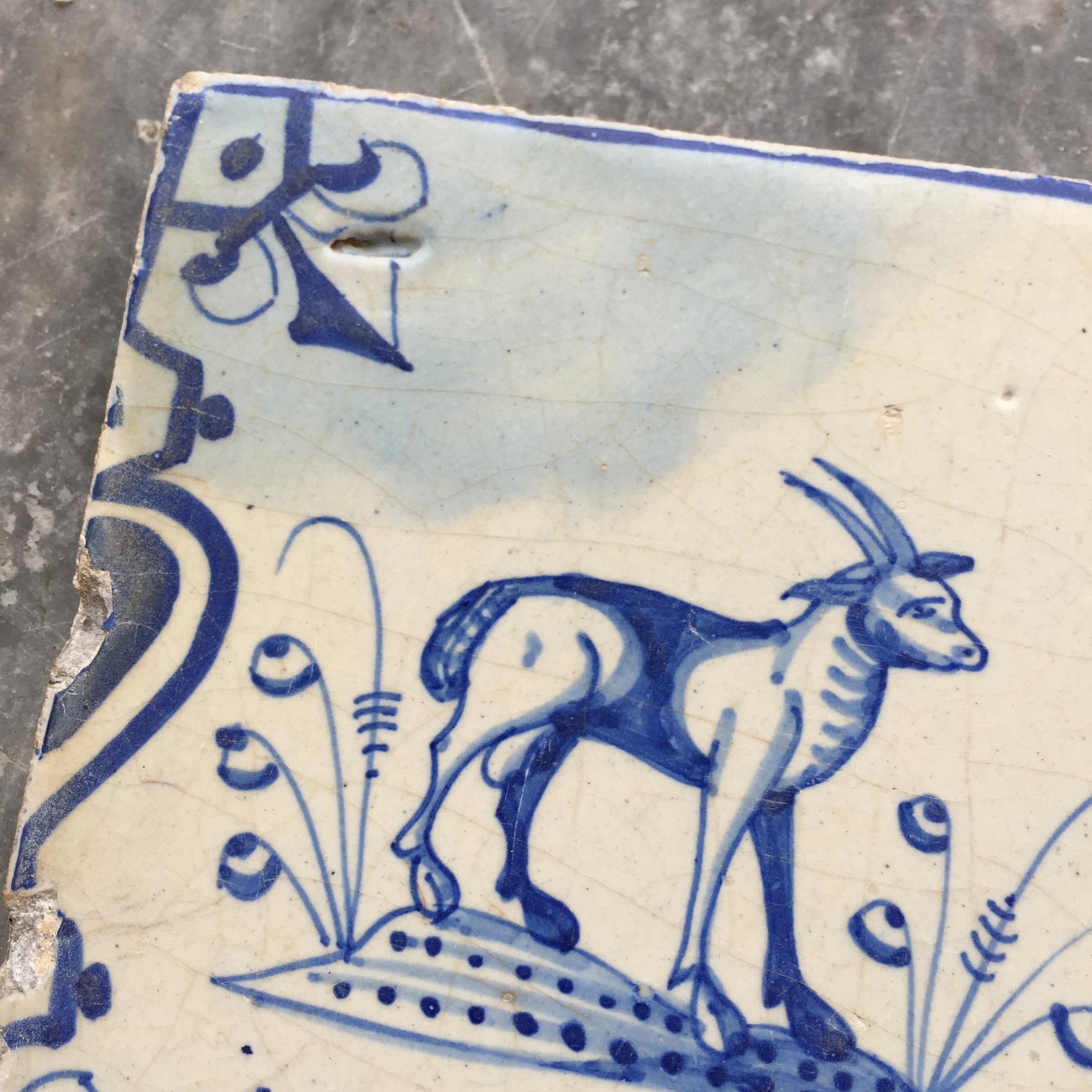 Baroque 17th Century Dutch Delft Tile with decoration of a Goat For Sale