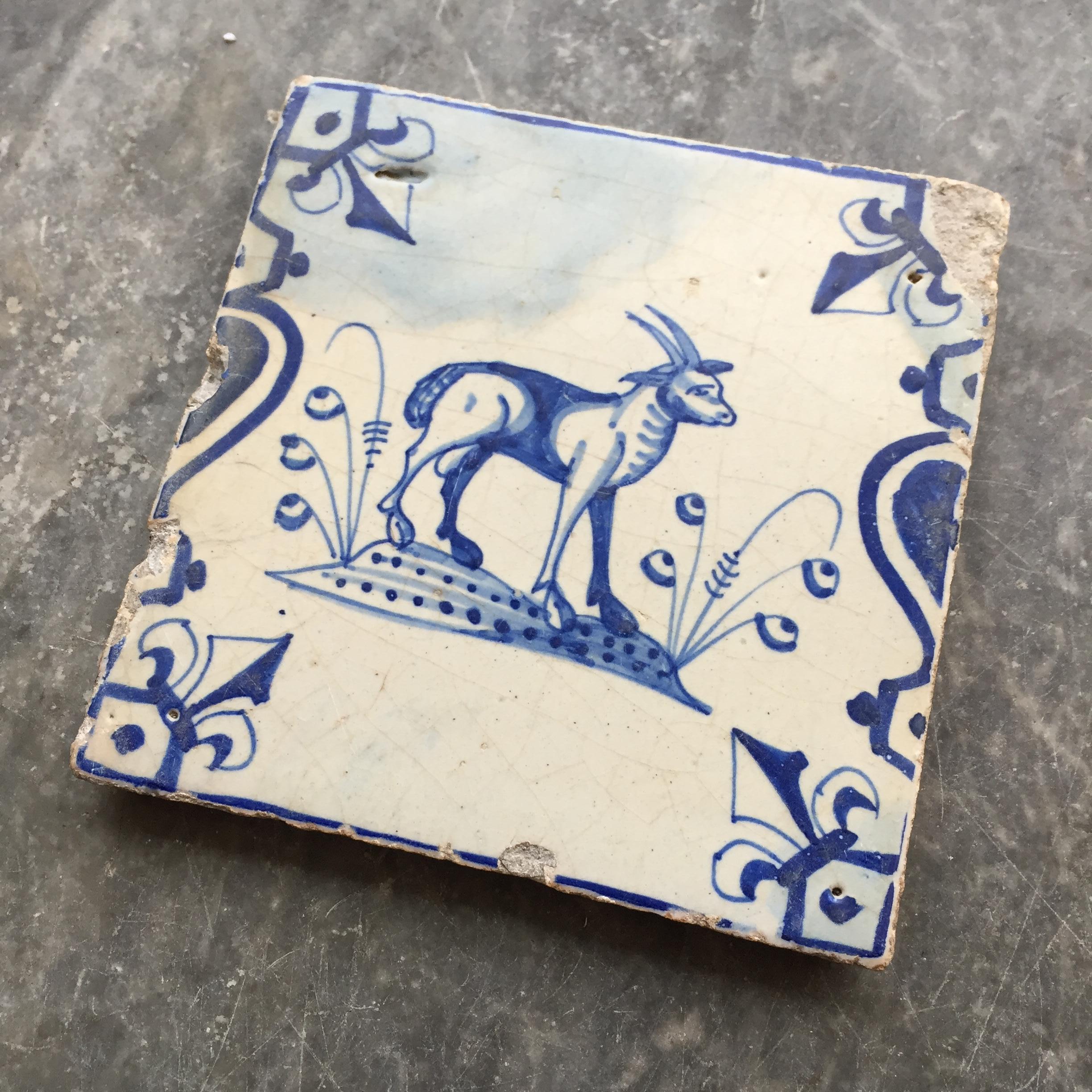 Hand-Painted 17th Century Dutch Delft Tile with decoration of a Goat