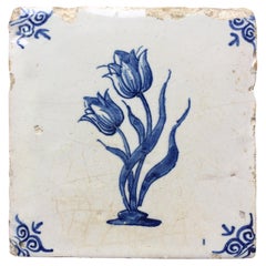 17th Century Dutch Delft Tile with Decoration of a Tulips