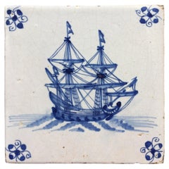 17th Century Dutch Delft Tile with Decoration of a VOC ship