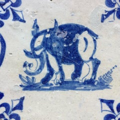 17th Century Dutch Delft Tile with Decoration of an Elephant
