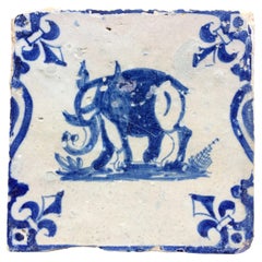 17th Century Dutch Delft Tile with Decoration of an Elephant