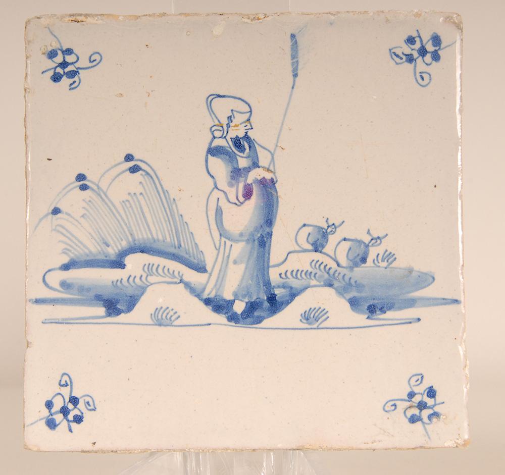 Baroque Carreaux de Delft hollandais du 17e siècle Figures dans un paysage Shephard en vente