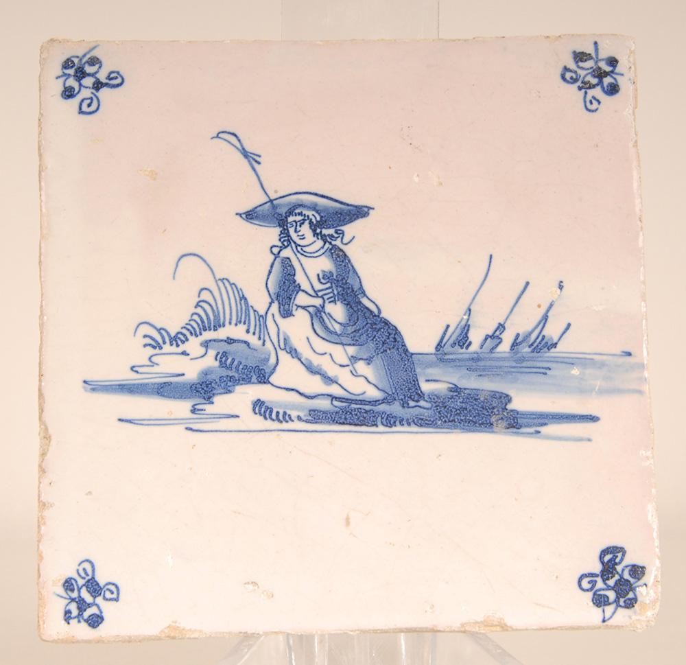 Néerlandais Carreaux de Delft hollandais du 17e siècle Figures dans un paysage Shephard en vente