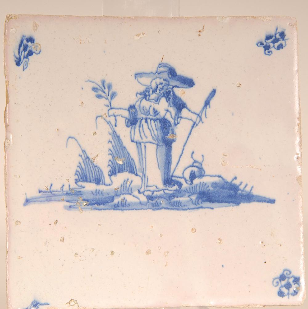 17th Century Dutch Delft Tiles Figures in Landscape shephard In Good Condition In Wommelgem, VAN