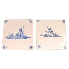 Antique 17th Century Dutch Delft Tiles Figures in Landscape shephard