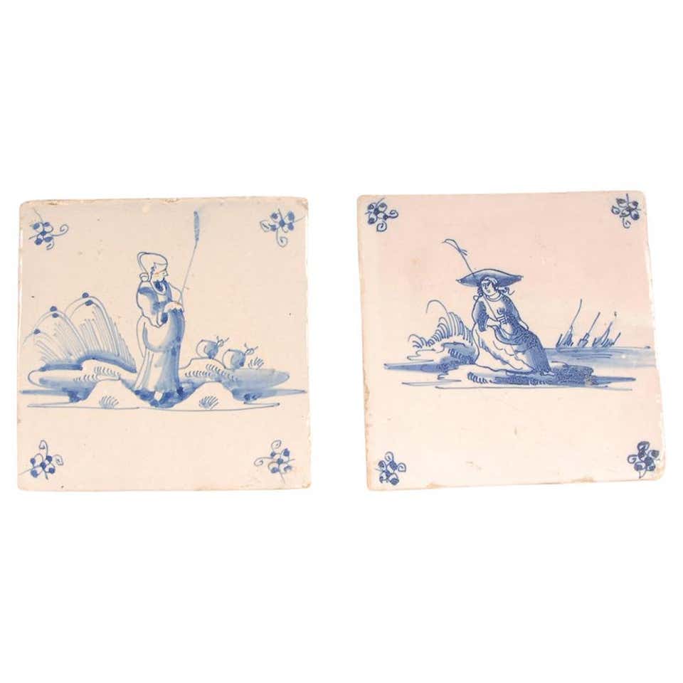 Blue and White Dutch Delft Tile with Pikier, 17th Century For Sale at ...