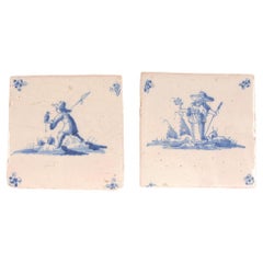 Antique 17th Century Dutch Delft Tiles Figures in Landscape shephard