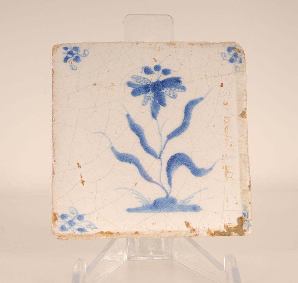 17th Century Dutch Delft Tiles Flower and Basket Blue and White Tulip 4
