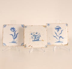 17th Century Dutch Delft Tiles Flower and Basket Blue and White Tulip